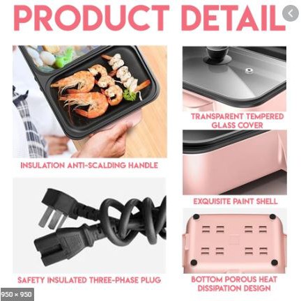 Multifungsi Elektrik Grill Fan Dan Hot Pot 2IN1 Mini Steambot BBQ Shabu-Shabu Multi-Function Set Non Stick Pot Panggangan Cook Fry Tahan Panas