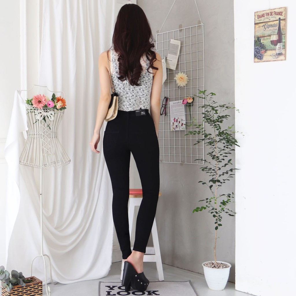 7C-G CELANA JEANS PREMIUM HIGHWAIST HITAM /PINGGANG TINGGI /STREACHT /27 - 34