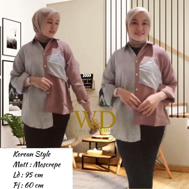 Kemeja Wanita Atasan Blouse Casual Polos Kombinasi Warna Lengan Panjang Model Pinguin Bahan Moscrepe