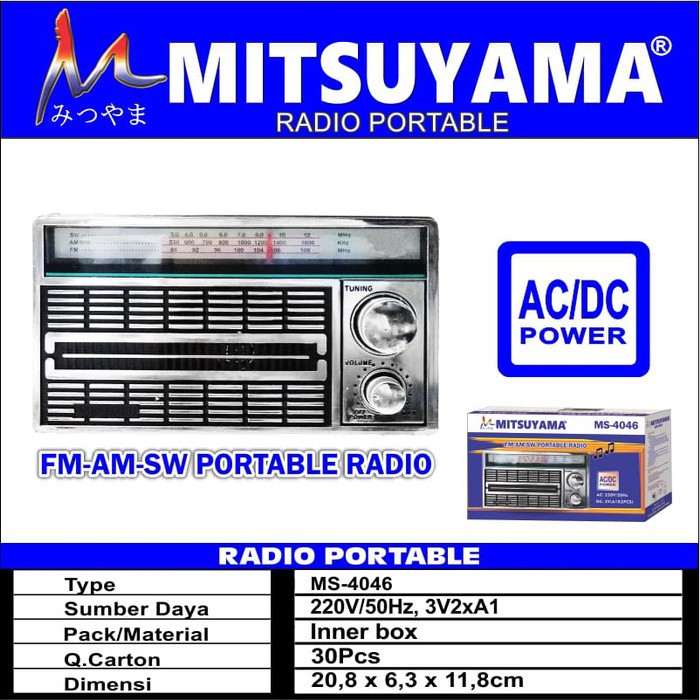RADIO MITSUYAMA MS 4046 FM AM SW RADIO PORTABLE AC DC 4.9(8)Terjual 29 Produk815 x Dilihat