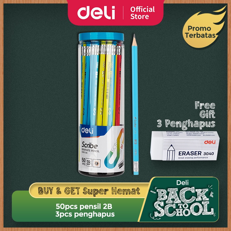 

Deli Pensil 2B dengan penghapus 50 pcs/tabung sudah di raut EU51006