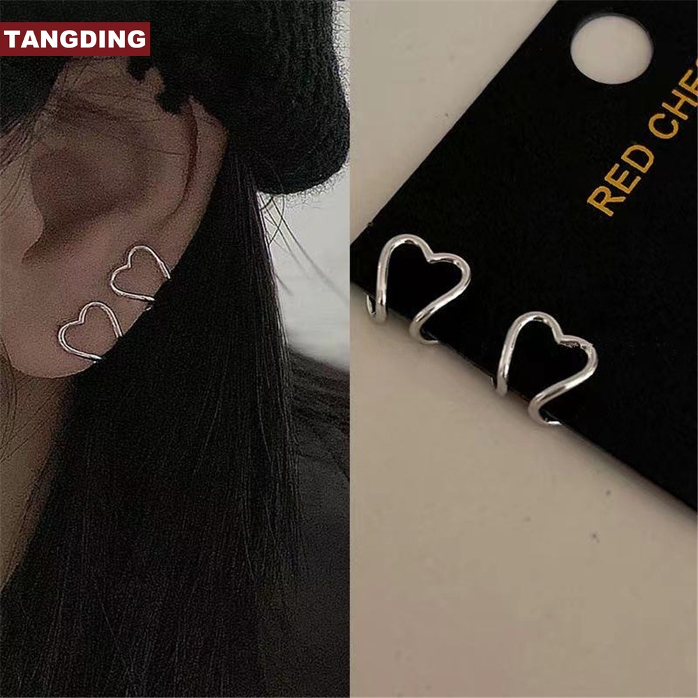 Anting Klip Tanpa Lubang Telinga Bentuk Hati Geometris Sisi Ganda Gaya Retro Untuk Aksesoris Wanita