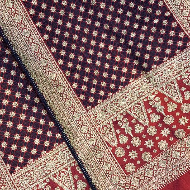 Songket palembang asli sutra bunga inten ori maroon bunga hitam rakam kristal gold