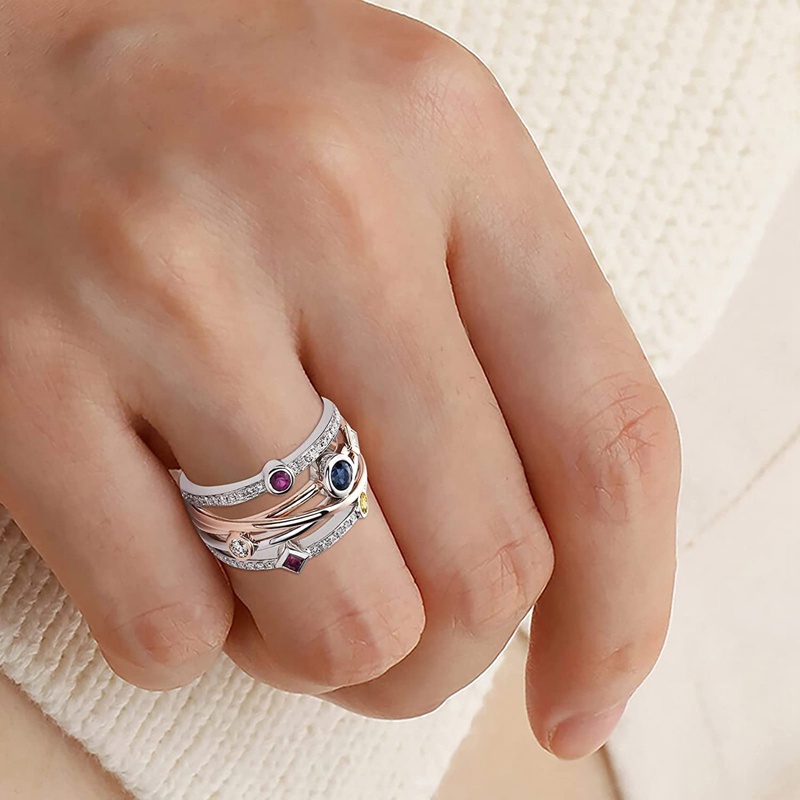 Cincin Berlian Penuh Permata Geometris Multi Baris Warna-Warni Untuk Wanita