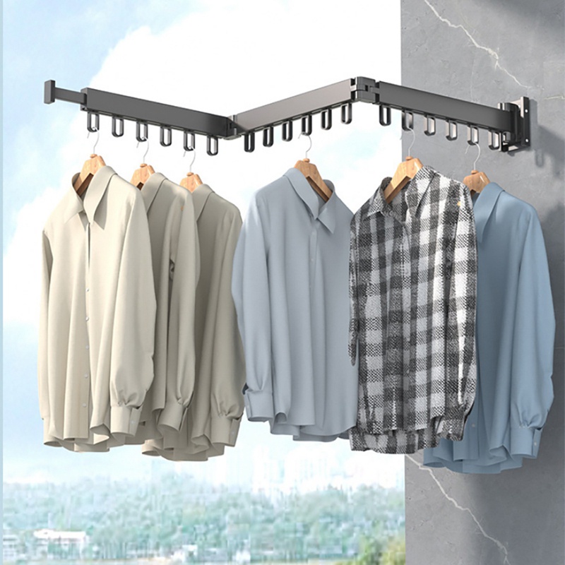 Folding Clothes Hanger Wall Mount Retractable Cloth Drying Rack Aluminum Laundry Clothesline Space Saving Drying Black A