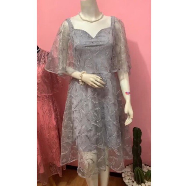 Chiobushop - Maria Midi Dress Brukat Gaun Party Dress Bridesmaid Kondangan Pesta | Prewedding Weddin