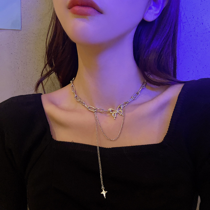 Multilayer  Butterfly  pendants necklace Tassel chain ins niche design clavicle chain personality sweet cool hip-hop jump di clavicle chain necklace