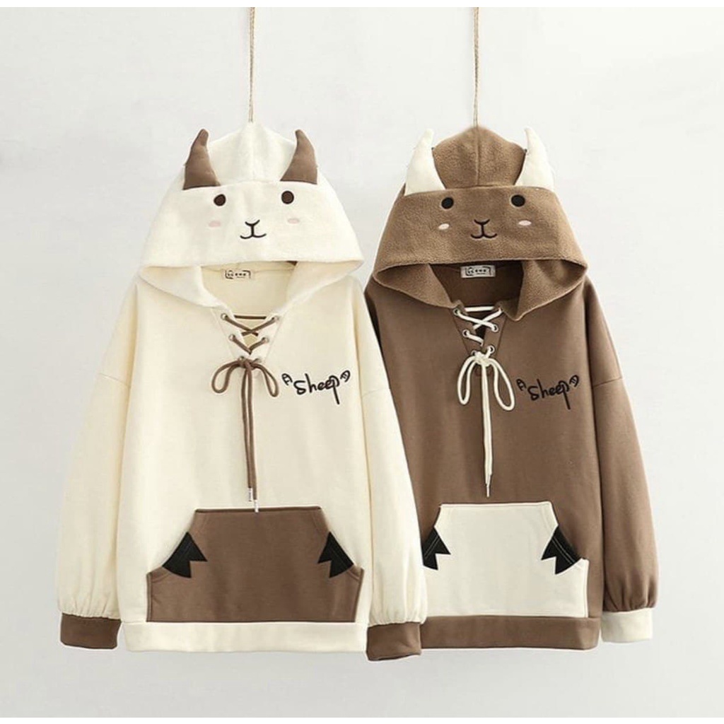 Sweater Hoodie Karakter Sheep  Lucu Warna Moca Dan Cream - Sweater Hoodie Couple Sheep Wanita - Swea