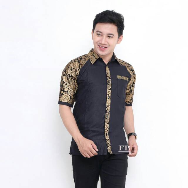 Baju Hem Batik Kombinasi Atasan Pria Prada Emas Motif Songket Seragaman Uniform