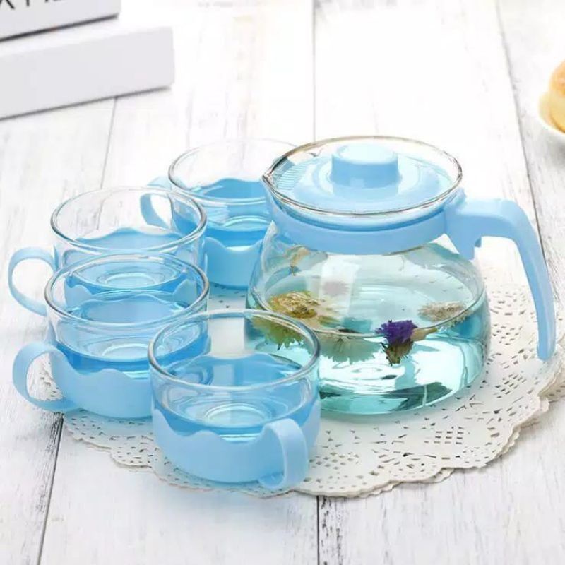 (PROMO) Teapot Warna Set 5in1 / Teko Set Gelas Kaca FREE BUBBLE / Tea Pot Warna / Kado Souvernir