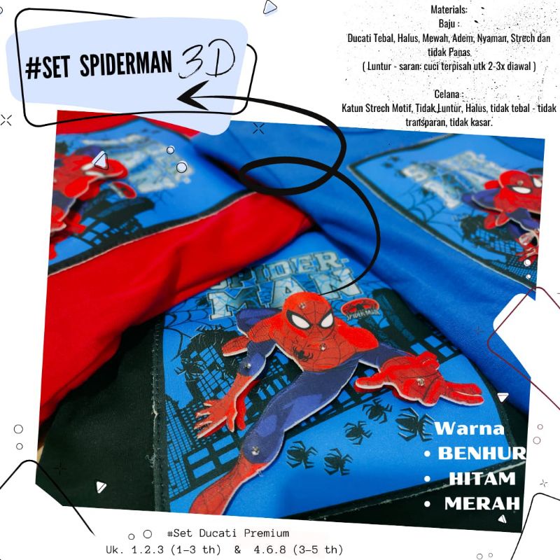 Setelan 3D anak laki-laki &quot;Spiderman 3D &quot; Size 1-5th bahan Ducati Katun Spandek Premium