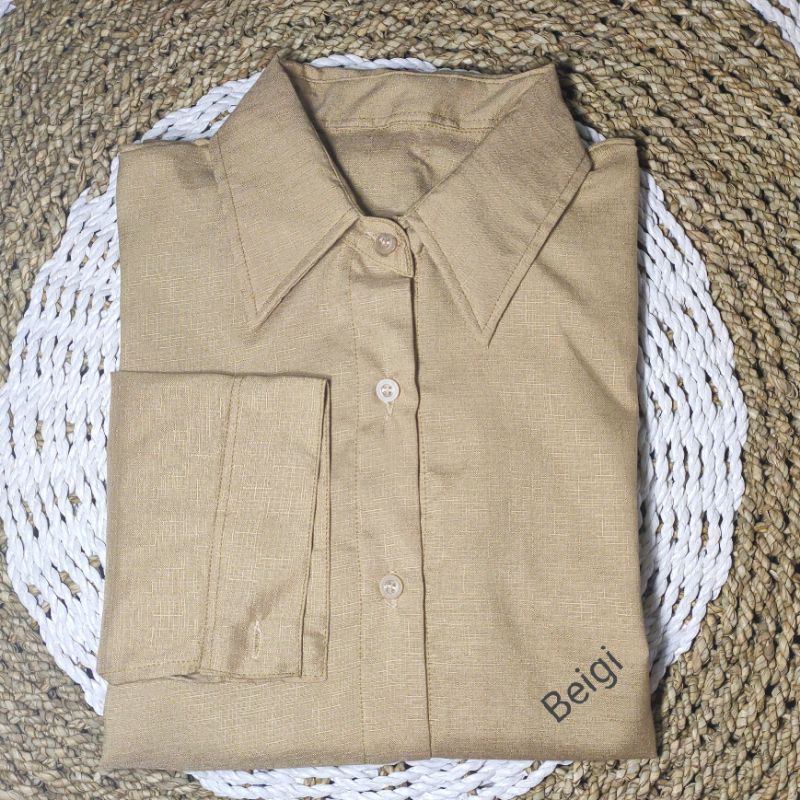 Saku Kemeja Wanita/Blus kemeja linen 2021 Kualitas tinggi Wanita/Atasan wanita kantor Wanita chic lengan panjang-Beigi_KMJ Linen