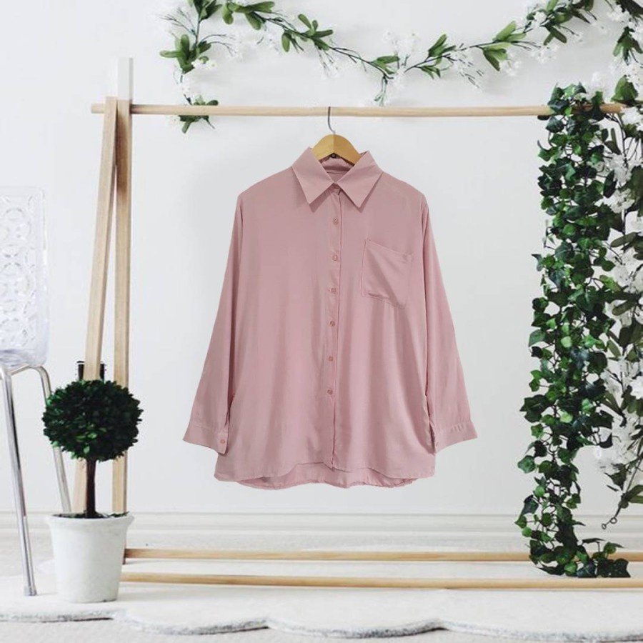 Kemeja Wanita Blouse Pink Polos Jumbo Cantik
