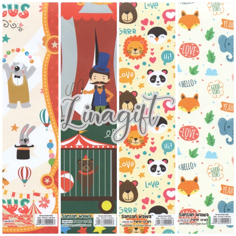 ( 5 Lembar ) CUTE ANIMAL SANWA - KERTAS KADO CIRCUS - GIFT WRAP PAPER SANSAN WAWA ZOO LION ZEBRA TIGER GIRAFFE PUPPY DOG ELEPHANT MONKEY ZOO