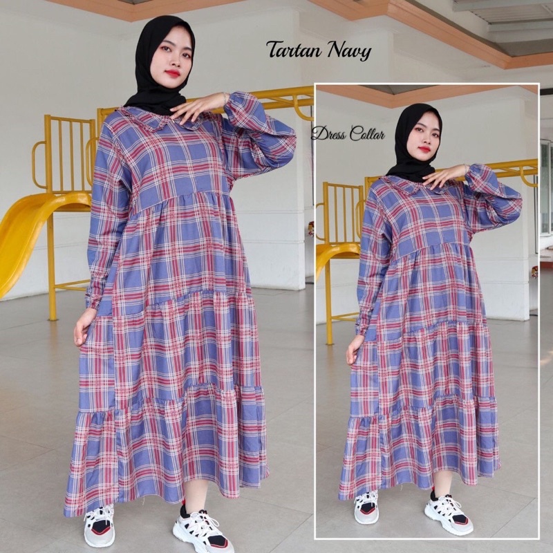 Gamis Tartan Kotak Mididress Midi Dress Umpak Susun Jumbo Viral