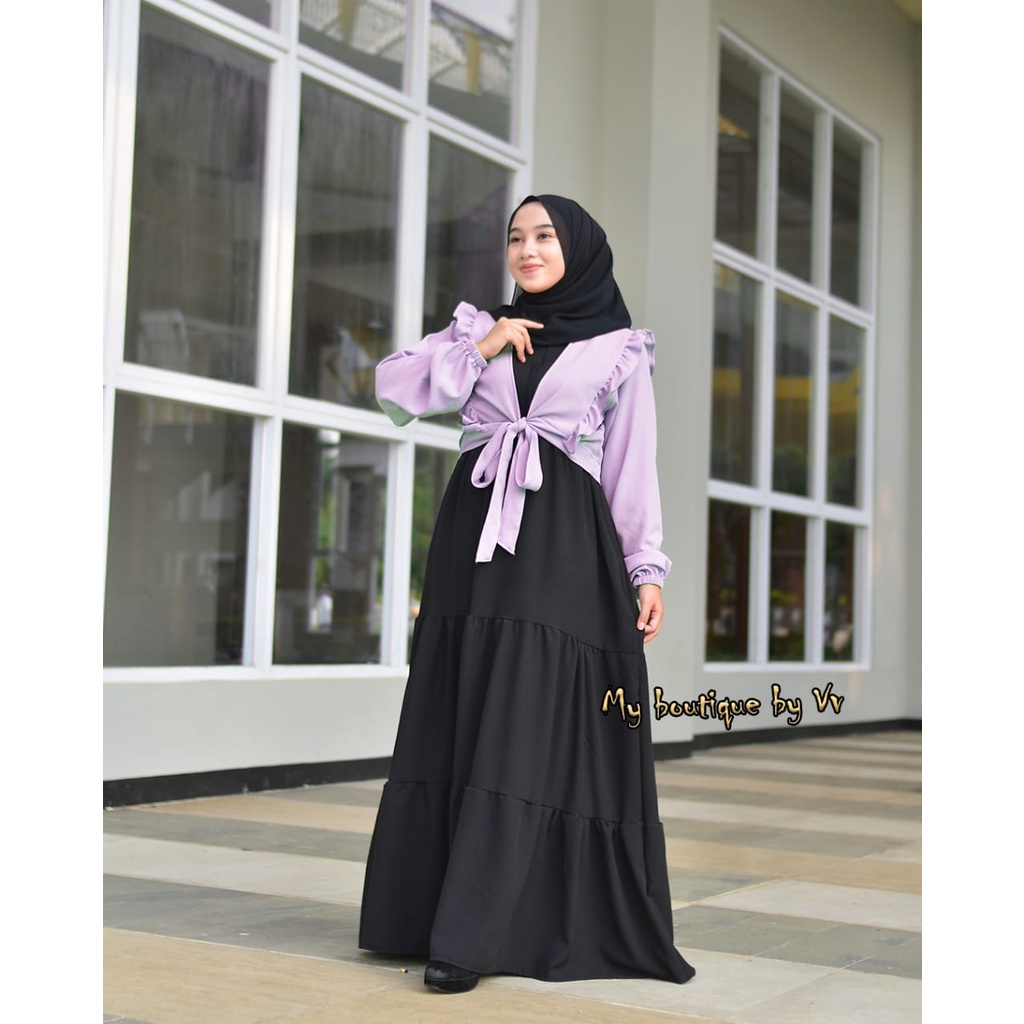 GAMIS SET ROMPI ALULA canda susun itycrepe mix cardigan rompi bisa di lepas gamis kerja wanita muslim