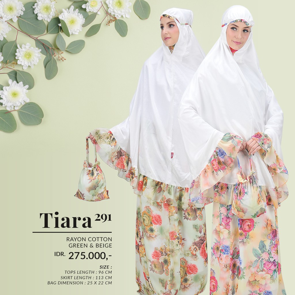 Mukena Tatuis Tiara 291 Katun Rayon Polos Motif Bunga Putih Hijau Green Krem Beige Pink Biru Blue