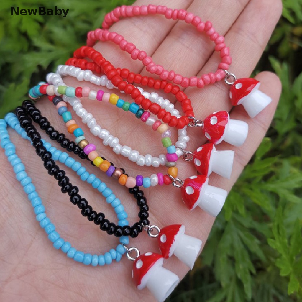 Kalung Rantai Manik-Manik Liontin Jamur Warna-Warni Handmade Untuk Wanita