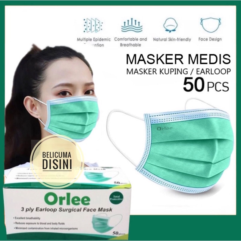 Masker Surgical Medis Orlee 3ply Earloop Kesehatan Mask Hijau Green Kemenkes 3 ply KEMENKES Warna Hi