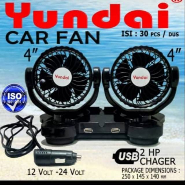 CAR FAN.kipas angin mobil merk YUNDAI dengan USB untuk cas HP