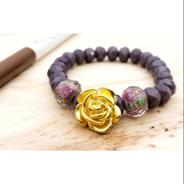 Gelang batu kristal mawar emas ASLI 24karat hongkong