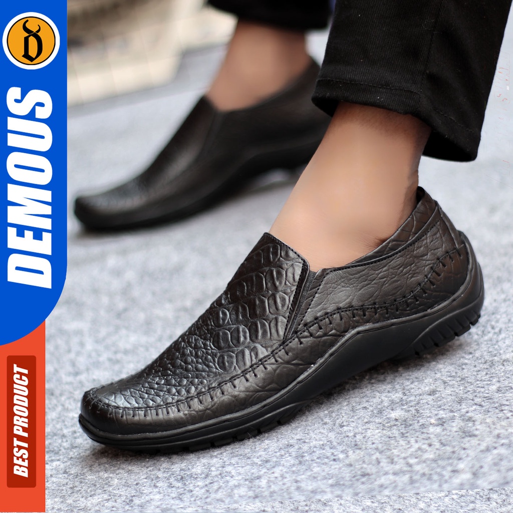 Sepatu Slip On Pria Sepatu Casual Pria Formal Kulit Asli Sepatu Pantofel Kerja Kantor Kuliah Kondangan Sepatu Slop Pria Sepatu Hitam Pria DEMOUS CROCO