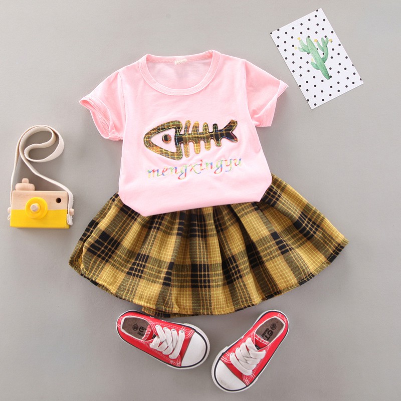 Baju anak perempuan celana rok + kaos katun premium set anak cewek import FISH MB STLNG09