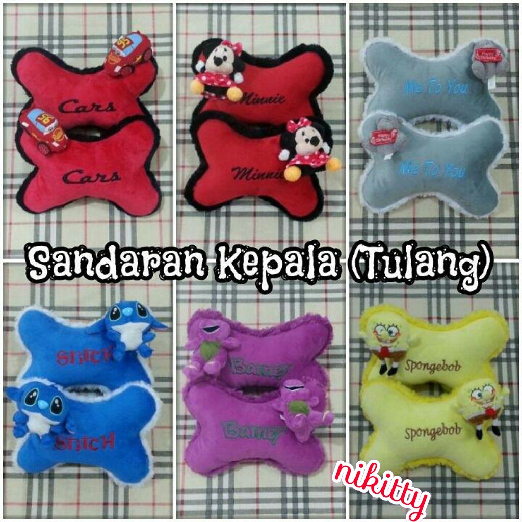 Bantal Mobil - Jok Mobil - sandaran kepala -Tulang Boneka Bordir Tulisan Cars - MTY - Barney -