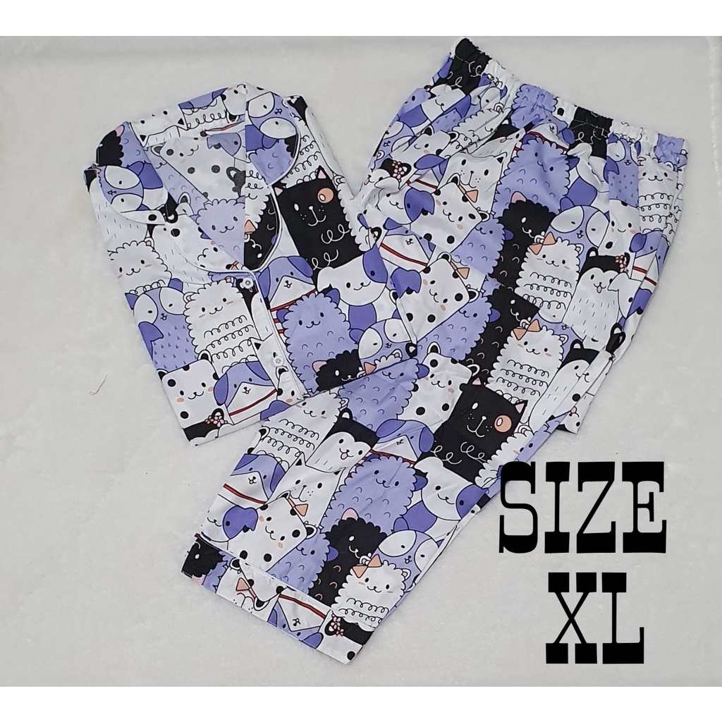 Baju Tidur Dewasa Gambar Lucu LD 104cm / Piyama Katun Lengan Pendek Celana Panjang CP-XL CAT LOVE PURPLE C