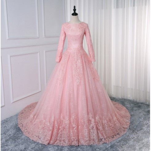 Muslim Wedding Dress Pink Ball Gown Princess Lace Wedding Dress Long Sleeve Vintage Bride Dress