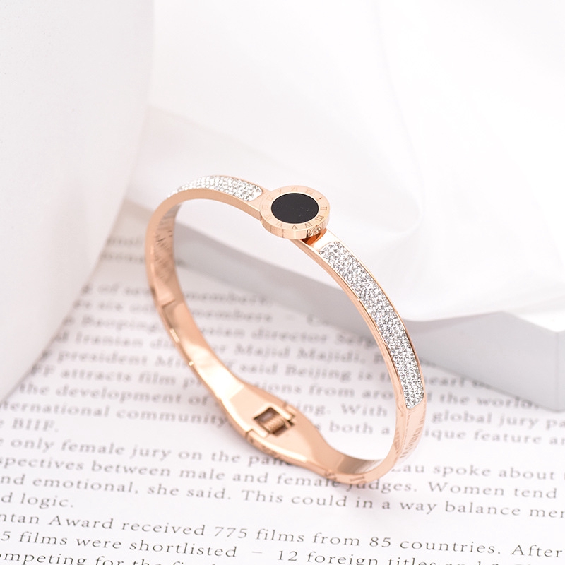 Titanium Gelang Tangan Wanita Premium Bracelet Anti Karat Berlian Emas 18K Bulat Angka Romawi Ala Bangle-7