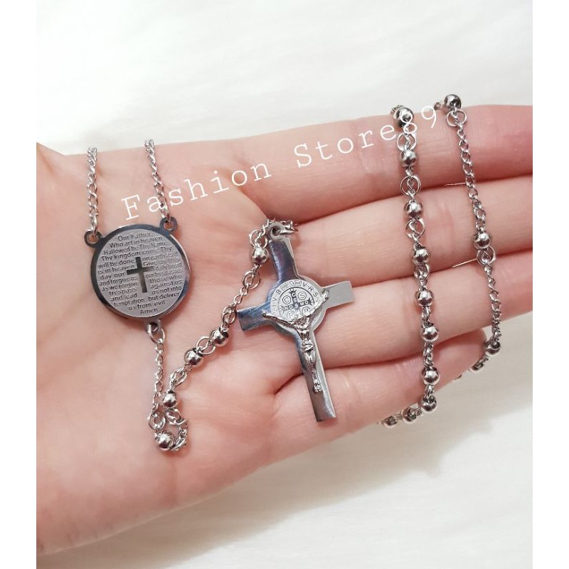 new kalung Rosario kalung rohani salib silver titanium kalung salib rohani titanium impor bestquality Kalung Doa Bapa Kami Salib Titanium Silver