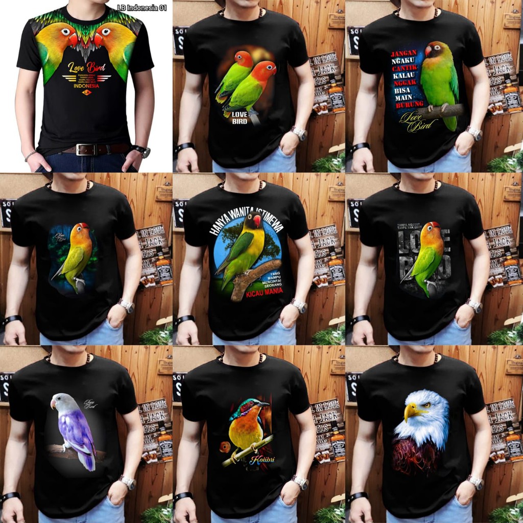 Kaos distro pria gmb burung Lovebird indonesia / burung elang / burung kacer / burung murai