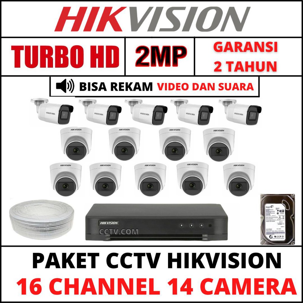 PAKET CCTV HIKVISION 16 CHANNEL 14 KAMERA 2MP TURBO HD/AUDIO SERIES  1080P KOMPLIT TINGGAL PASANG