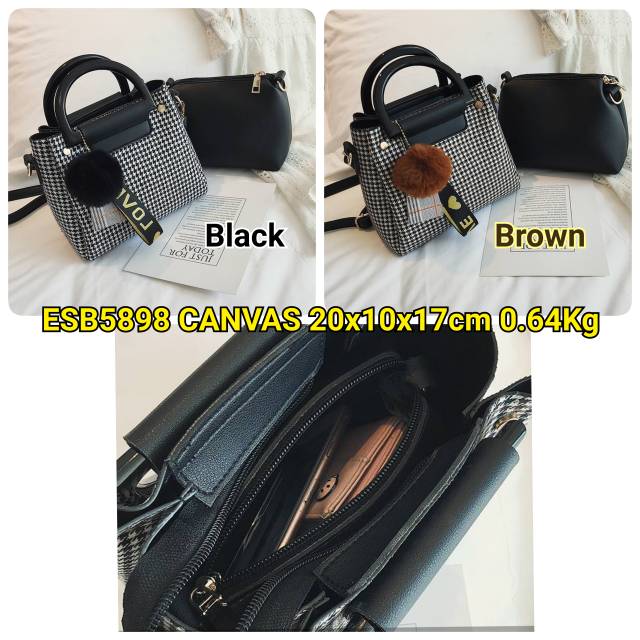 ESB5898 Tas Batam Import Hand Bag Wanita Canvas 2in1 set Pom Pom Letter Strap Motif Kotak Square