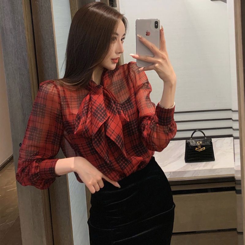 MDLV ~ 6303# Red Tartan Tie Neck Shirt Kemeja korea kemeja kotak kemeja merah kemeja Chiffon Kemeja Premium Fashion Import