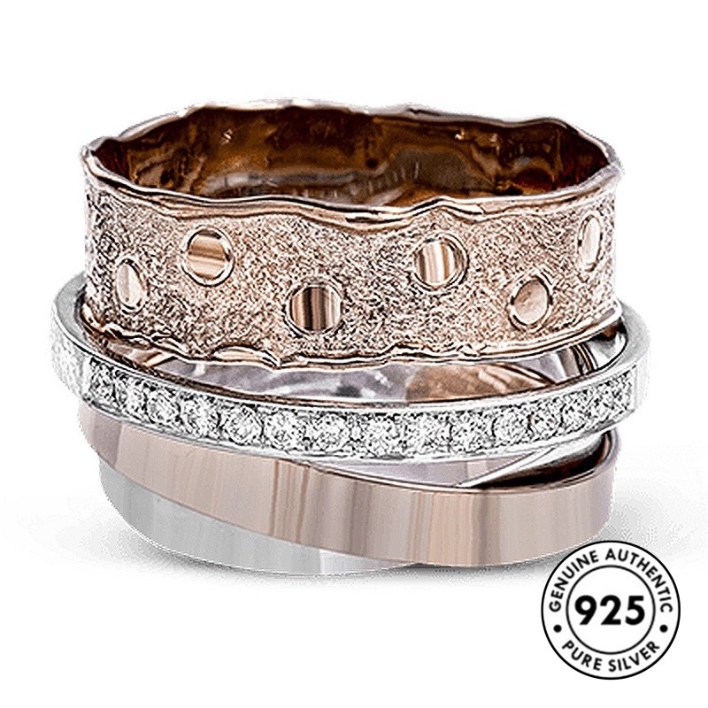 Cincin Berlian Multilayer Bahan S925 Silver Warna Rose Gold