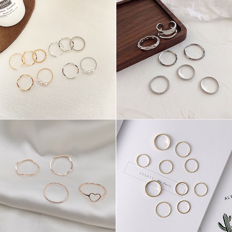 7pcs / Set Cincin Rantai Emas Model Terbuka Gaya Retro Korea Untuk Aksesoris Perhiasan ANTOP