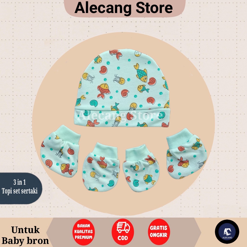 Topi Set 3in1 Kupluk Baby New Born Lucu Kaos Kaki Perlengkapan Bayi Baru Lahir Murah Aksesoris Motif