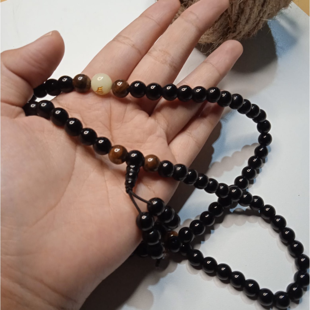 Kalung Tasbih Japamala 108 Batu Black Onyx Kombinasi Tiger Eye