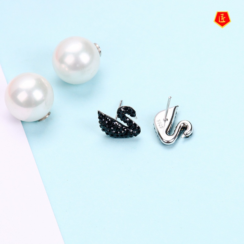 [Ready Stock]25 Silver Korean Style Pearl Black Swan Earrings