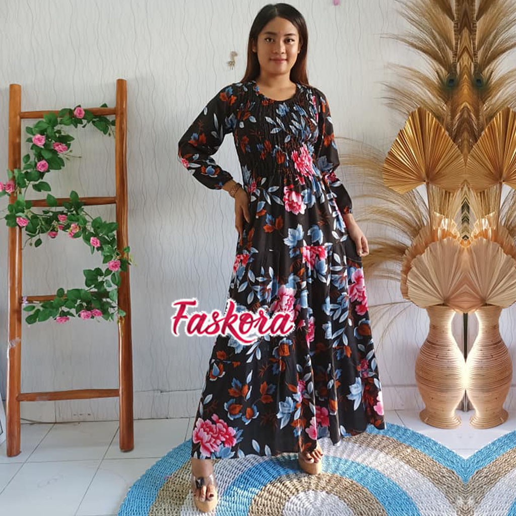 Dress Muslim Wanita Model Terbaru Untuk Remaja / Gamis Jumbo Motif Bunga / Dress Lengan Panjang