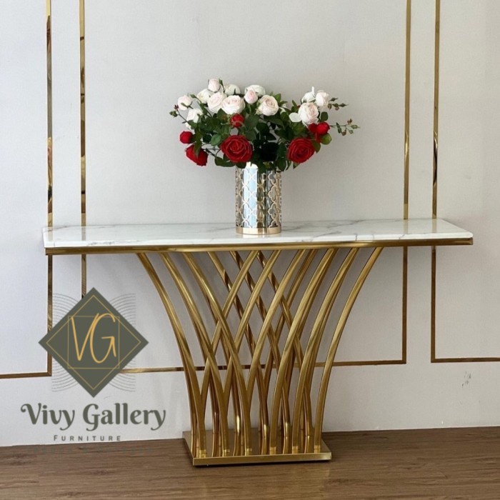 Console Table Minimalis Stainless Gold Top Marmer Putih