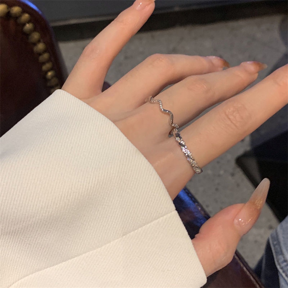 2pcs Cincin Model Terbuka Desain Ombak Hias Berlian Gaya Mewah Berkilau Untuk Wanita