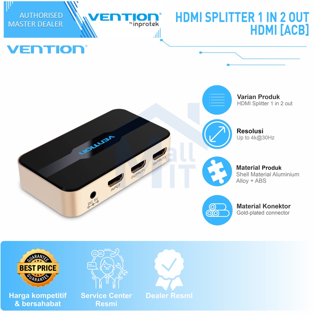 ( Bisa Cod ) Vention HDMI Splitter 1 Input 2 Output 3D 4K @30HZ HDMI Proyektor ACB