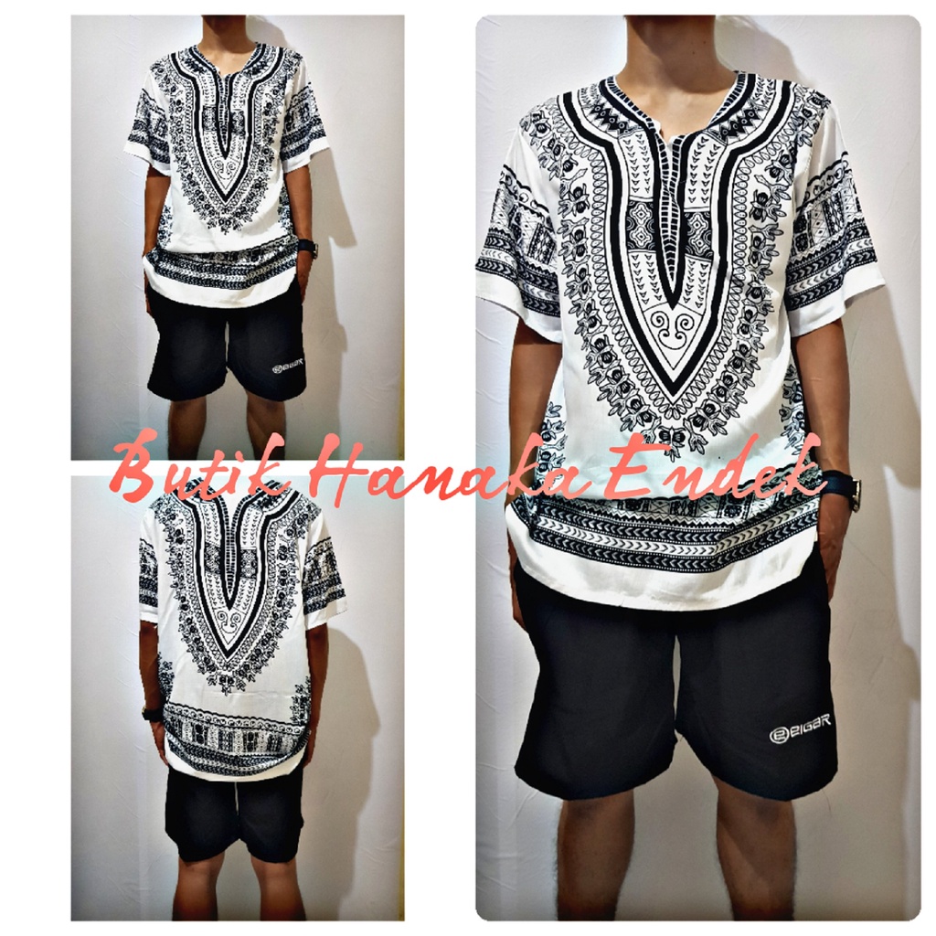 Baju dan Celana Pendek Setelan Etnik Dashiki Putih Polos Pria/Wanita (Unisex)