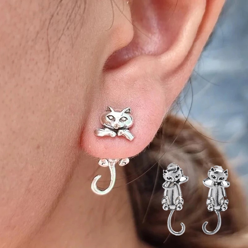 1 Pasang Anting Stud Desain Hewan Kucing Katak Gaya Retro Minimalis Untuk Wanita