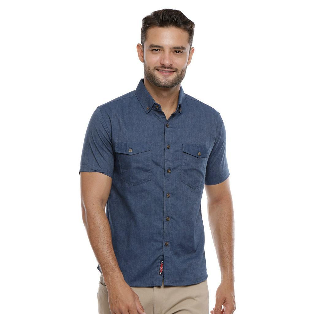 kemeja pria polos kantong dua navy denim lengan pendek m xxl 2012 849 2