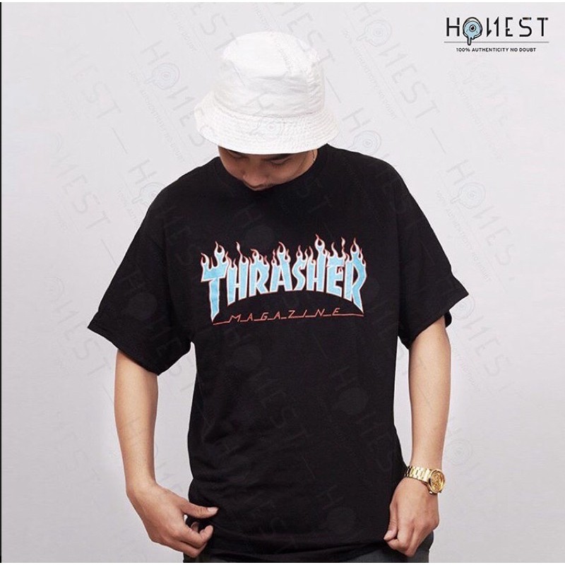 THRASHER X CHAMPION BLUE FLAME TEE BLACK