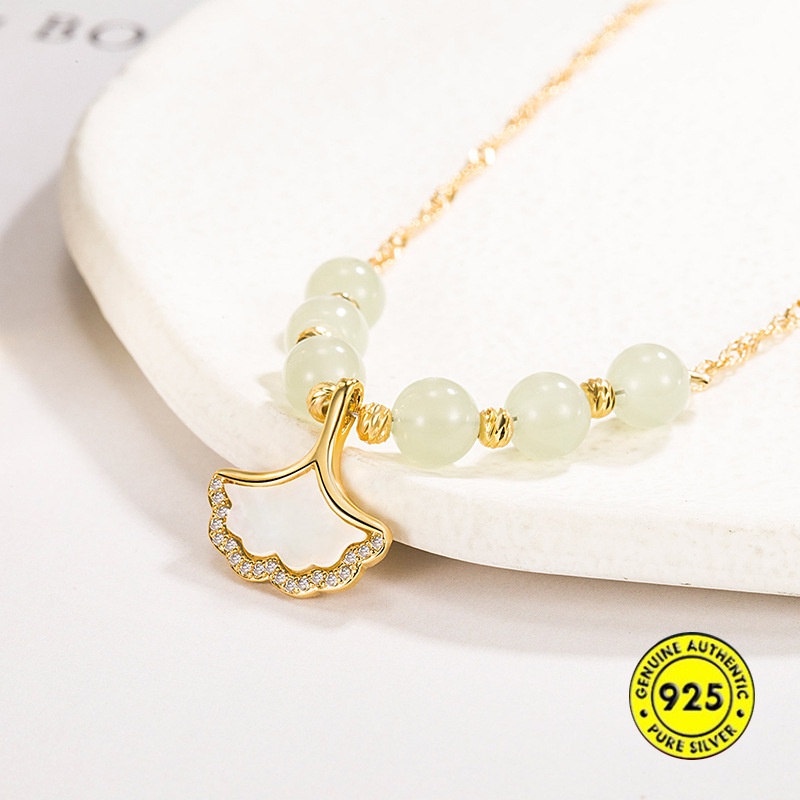 Kalung Rantai Sterling Silver 925 Dengan Liontin Daun Ginkgo Jasper Putih Untuk Wanita